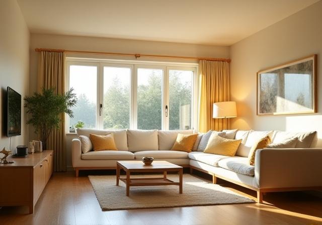 改装後の築40年戸建のリビング、温かく明るい空間